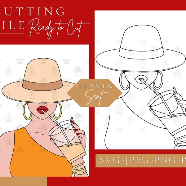 SVG, Woman in Hat with Sipping on Drink, Black Woman svg, File for Cricut, Silhouette, Instant download, Print and Cut