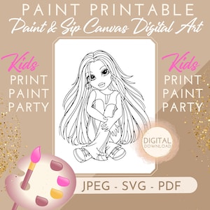 Kids Paint and Sip - Girl Sitting Pre Drawn Outline DIY Paint and Sip Party file for png jpeg canvas design sketch digital download
