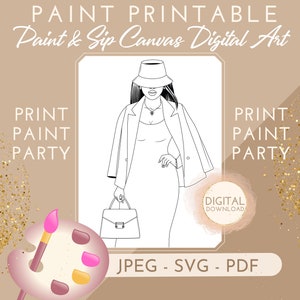 SVG, DIY Paint Party Outline, Woman with hat / purse and coat, JPEG, Paint with a Twist, Grown Woman, African American, Paint and Sip Canvas