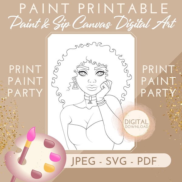 DIY Paint Party Outline, Woman Posing JPEG, Paint with a Twist, Black Woman, African American, Paint and Sip