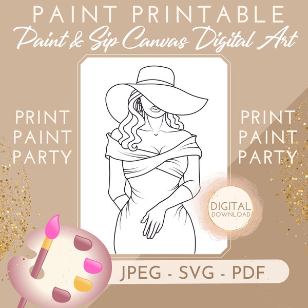 DIY Paint Party Outline, Woman Posing in hat JPEG, Paint with a Twist, Black Woman, African American, Paint and Sip Canvas