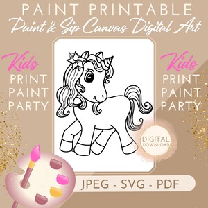 Kids Paint and Sip Unicorn Canvas Digital Drawn Outline DIY Paint and Sip Party file for png jpeg canvas design sketch digital download