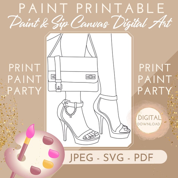 DIY Paint Party Outline, Woman Shoe and Purse JPEG, Paint with a Twist, Black Woman, African American, Paint and Sip