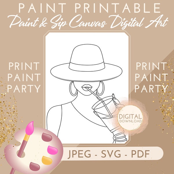 DIY Paint Party Outline, Woman Posing in hat Sipping JPEG, Paint with a Twist, Black Woman, African American, Paint and Sip Canvas