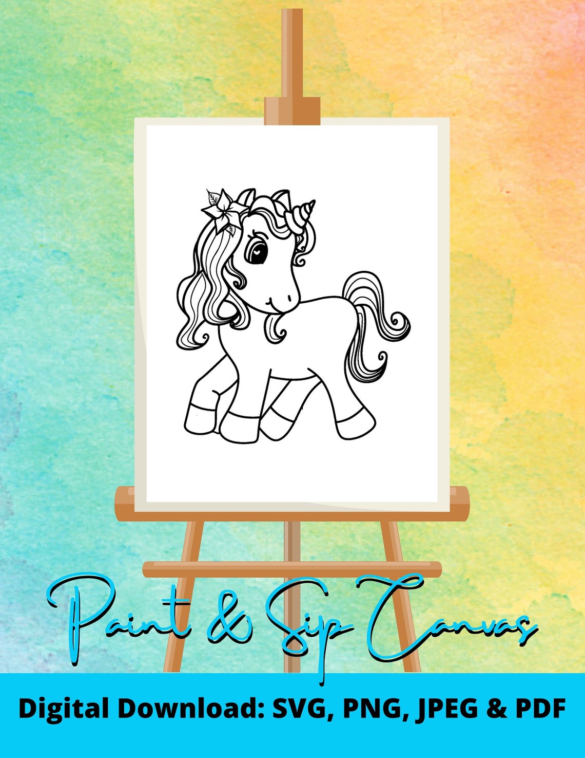 Kids Paint and Sip Unicorn Canvas Digital Drawn Outline DIY Paint and