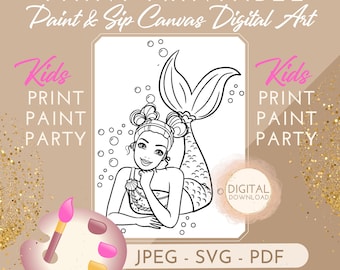 Kids Paint and Sip Mermaid Canvas Digital Drawn Outline DIY Paint and Sip Party file for png jpeg canvas design sketch digital download