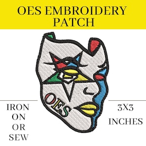 OES Mask Patch, Embroidered Patch (Iron-On or Sew-On), Eastern Star Masonic Free Mason, 3&quot; x 3&quot;