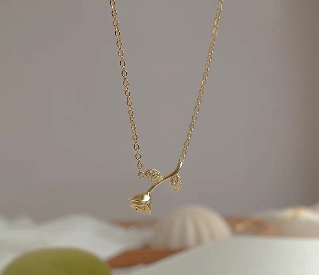 925 Silver Rose Necklace Dainty Upside Down Rose Necklace CZ Etsy