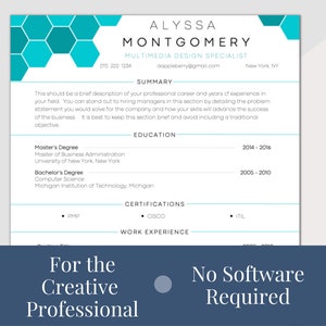 May include: A white resume template with teal geometric accents. The resume includes sections for summary, education, certifications, and work experience. Text at the bottom reads "For the Creative Professional" and "No Software Required."