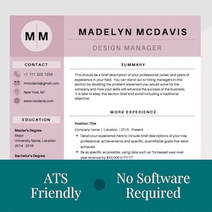 Peut inclure: Un modèle de CV aux tons mauve et blanc. Il comprend des sections pour les coordonnées, l'éducation, l'expérience professionnelle et un résumé. Le texte "ATS Friendly" et "No Software Required" est en bas.