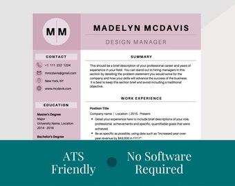 Mauve Resume CV Template, ATS Friendly, Includes Cover Letter, References, 30 60 90 Day Plan and Get The Job Handbook, No Software Required
