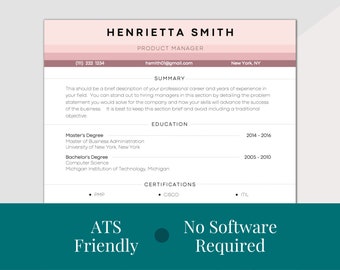 Modern Resume CV Template, ATS Friendly, Includes Cover Letter, References, 30 60 90 Day Plan and Get The Job Handbook, No Software Required