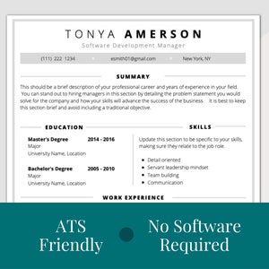 May include: A resume template with the name TONYA AMERSON, Software Development Manager, and contact information. The resume includes sections for summary, education, skills, and work experience. The bottom of the image has the text "ATS Friendly" and "No Software Required."