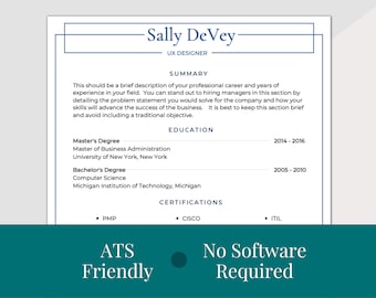 Modern Resume CV Template, ATS Friendly Resume, Professional Resume for 2022, Simple Resume Template for Professionals, No Software Required