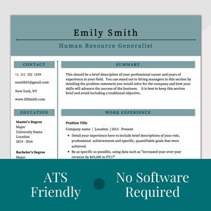 Könnte beinhalten: Eine Lebenslaufvorlage für "Emily Smith", Human Resource Generalist. Sie enthält Abschnitte für Kontaktinformationen, eine Zusammenfassung, Ausbildung und Berufserfahrung. Der Text "ATS Friendly" und "No Software Required" ist unten zu sehen.
