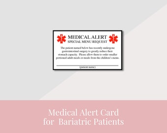 Medical Alert Card for Bariatric Patients, Restaurant Card for Gastric Bypass and Gastric Sleeve, Meal Card for Weight Loss Surgery Patients