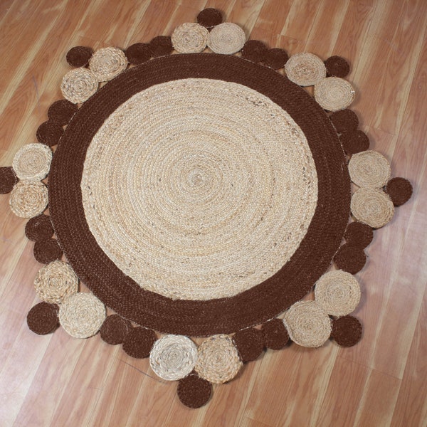 Alfombra de yute marrón festoneada hecha a mano, alfombra Vintage redonda de yute Beige Natural, alfombra para sala de estar, 3x3, 6x6 pies