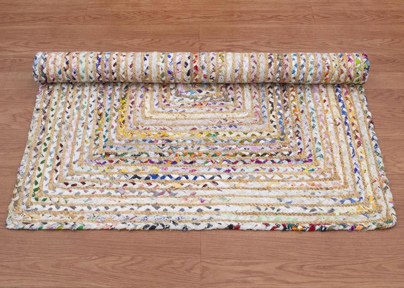 Hand Braided Jute Rug, White Chindi Cotton Rug, Multicolor Hallway Runner Rug, Indoor Rug, Rugs For Living Room, Customize Rug 2x8, 2x10 Ft
