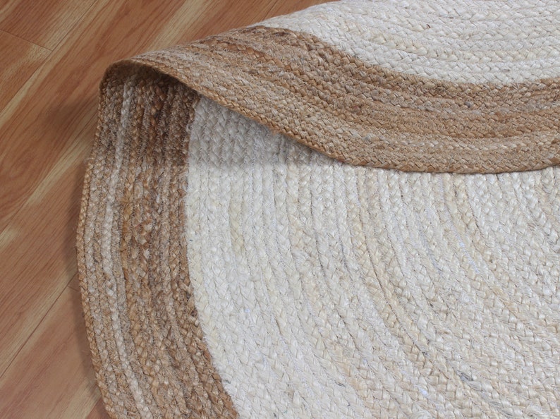 Blue Round Dining Room Carpet Braided White Jute Rug Bedroom, Living