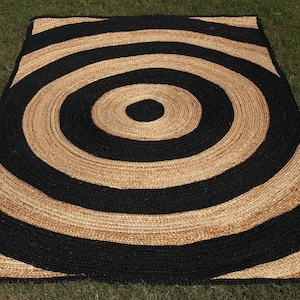 Tapis de coureur de jute beige, tapis de jute fait à la main, tapis de jute tressé, tapis de jute naturel noir, tapis Boho, 6x6 8x10 pieds