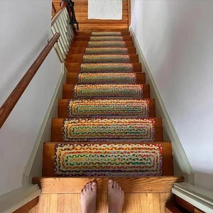 Blauwe traptreden Runner, Chindi Cotton Stair Step Runner, Jute Treads Rug, moderne traptreden, aangepaste traptredelopers, set van 13 stuks