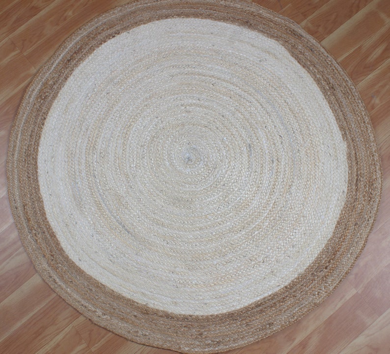 Blue Round Dining Room Carpet Braided White Jute Rug Bedroom, Living