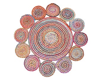 Chindi Cotton Rug Outdoor Garden Rug Indian Handmade Carpet Natural Jute Rug Round Rug 4x4 6x6 8x8 Feet Rug