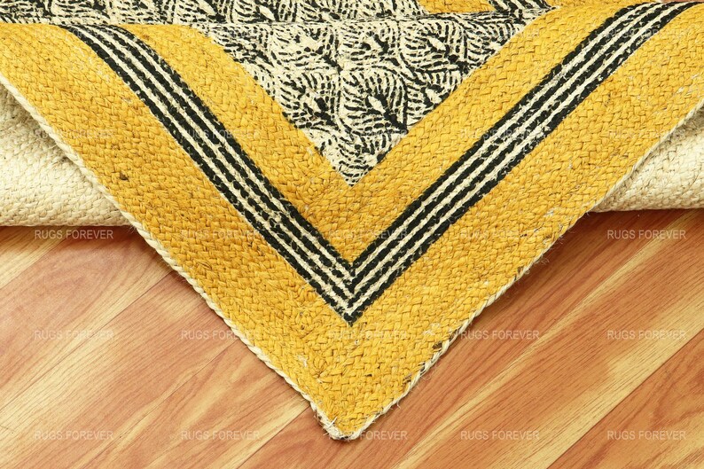Jute Rugs Yellow Handmade Block Printed Rug Hemp Rug Jute Rug Runner
