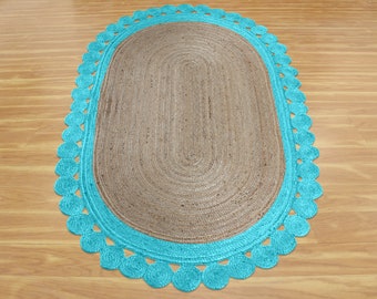 Blue Scalloped Jute Rug Natural Scallop Oval Rug Beige Area Rug Hallway Runner Bedroom, Dining Room Carpets Outdoor Rug 6x9 5x7 3x10 Feet