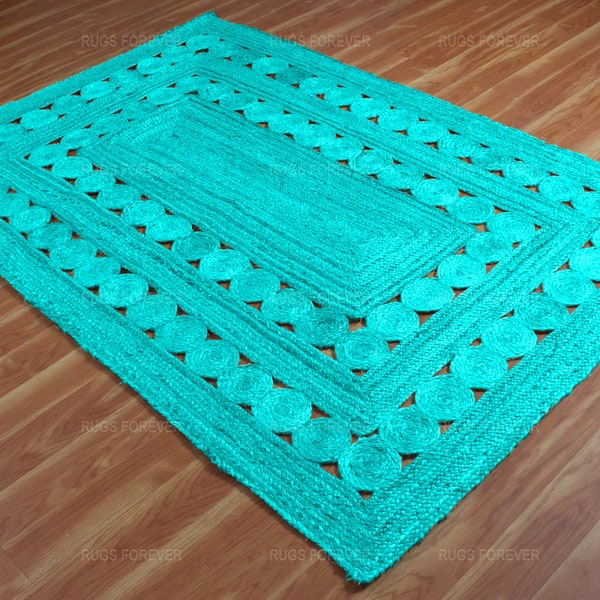 Tapis en jute bleu turquoise Tapis en jute tressé à la main Tapis indien en jute Tapis de couloir carré Tapis sur mesure Tapis d'extérieur 4 x 6 5 x 8 6 x 6 7 x 7 4 x 20 pi