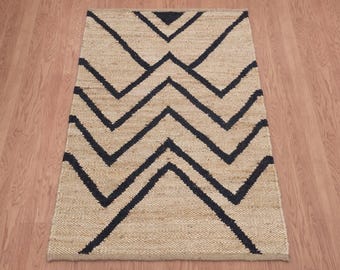Beige & Black Jute Rug, Handwoven Jute Area Rug, Flat Weave Boho Rug, Jute Runner Rug, Rug For Living Room, Customize 3x5 4x6 8x10 Feet Rug
