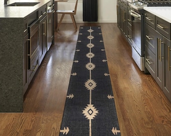 Black Jute Runner Rug, Handwoven Aztec Tribal Southwestern Hallway Rug