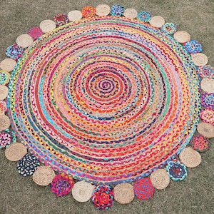 Indian chindi cotton rug Hand braided jute rug Multi color scalloped rug Scalloped round rug Living & bedroom rugs 5x5 6x6 10x10 ft. round