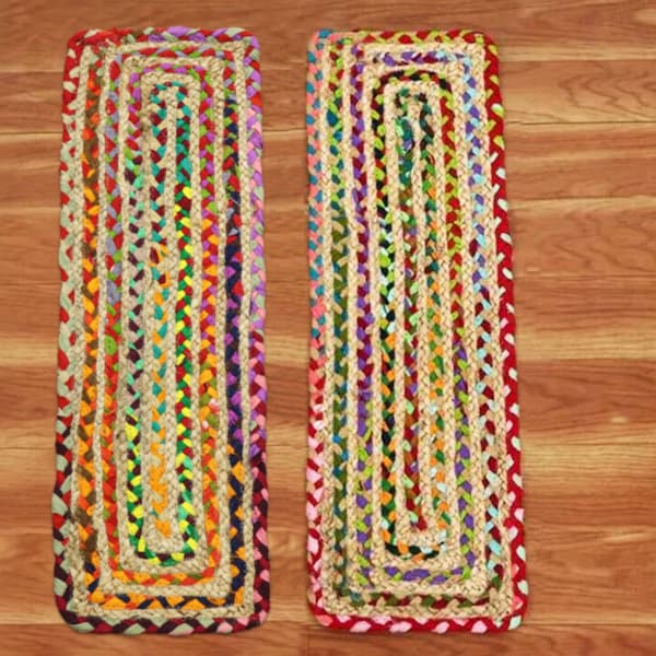 Hand Braided Jute Stair Treads, Multicolor Geometric Rug, Custom Size