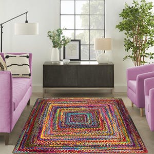 マルチカラーチンディコットンカーペット,手作り天然コットンラグ,編み込みチンディコットンラグ,ボヘミアンスクエアコットンラグ,カスタムサイズ 5x5フィート