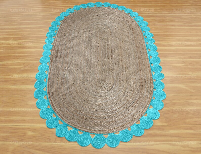 Turquoise Blue Scalloped Rug Natural Scalloped Jute Rug Oval Area Rug