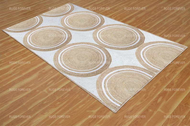 Handmade Jute Rug Beige White Braided Rug Geometric Dining Room Rug