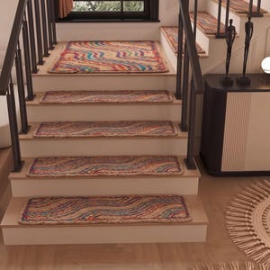Stufenmatten Set mit Wellen Muster, Handgewebte Bunte Treppenmatten fuer Holztreppen, Boho Stufenteppich aus Indien
