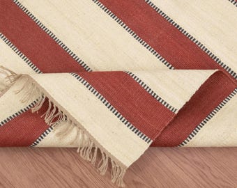 Maroon Stripe Wool Jute Rug, Hand Woven Boho Rug, Custom Size