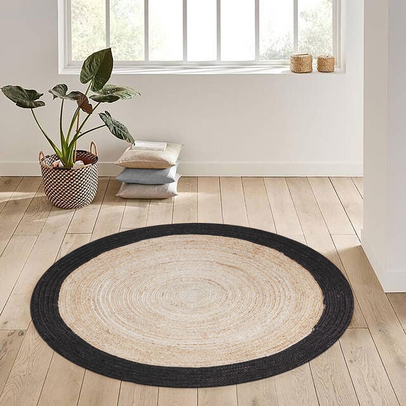 Extra Large Round Area Rug Indian Handmade Jute Area Rug Black Bordered