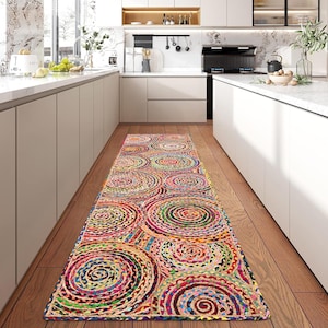 Natürlicher Jute-Teppich, Chindi-Baumwolle, Durrie, handgeflochtener Teppich, moderner Look, geometrischer Yoga-Matten-Läufer