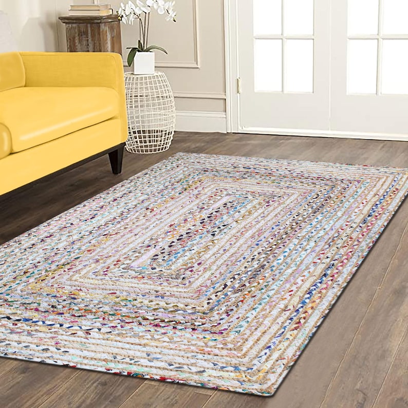 Hand Braided Jute Rug, White Chindi Cotton Rug, Multicolor Hallway Runner Rug, Indoor Rug, Rugs For Living Room, Customize Rug 2x8, 2x10 Ft