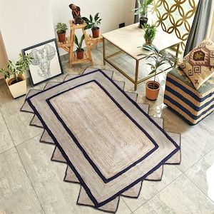 Tappeto in juta smerlato con bordo blu navy, tappeto rettangolare boho fatto a mano, tappeto da soggiorno in stile costiero 6x8 piedi