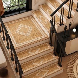 Hand Braided Jute Stair Treads Set Beige White Diamond Non Slip Step Mats Farmhouse Staircase Runner Boho Landing Rug