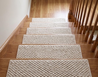 Handwoven Wool Stair Treads, Cream Pebble Loop Step Mats, Non Slip Rug Pads