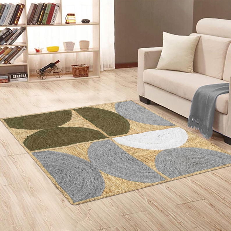 Handwoven Jute Rug, Geometric Circle Pattern, Boho Modern Mid-century ...
