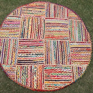 Chindi Cotton Rug Multicolor Jute Round Carpet Jute Rugs Hand Braided Chindi Cotton Living Room Carpets Bohemian Custom Rug 3x3 6x6 9x9 Feet