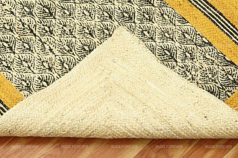 Jute Rugs Yellow Handmade Block Printed Rug Hemp Rug Jute Rug Runner