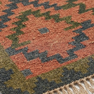Wool Jute Kilim Rug Handwoven Terracotta Southwestern Area Rug Tribal Geometric Boho Dhurrie Carpet