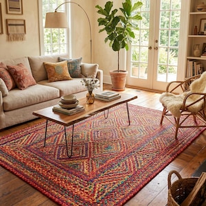 Tappeto in cotone Chindi multicolore, tappeto boho intrecciato a mano soggiorno, tappeto cotone riciclato colorato, su misura
